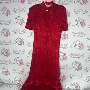 Emblem dress vintage heart cut out shiny fabric buttons Elegant Red Lace Dress